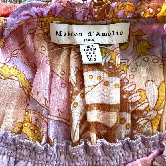 Maison d' Amelie yellow blouse purple paisley print top flutter sleeve size S - Picture 4 of 15